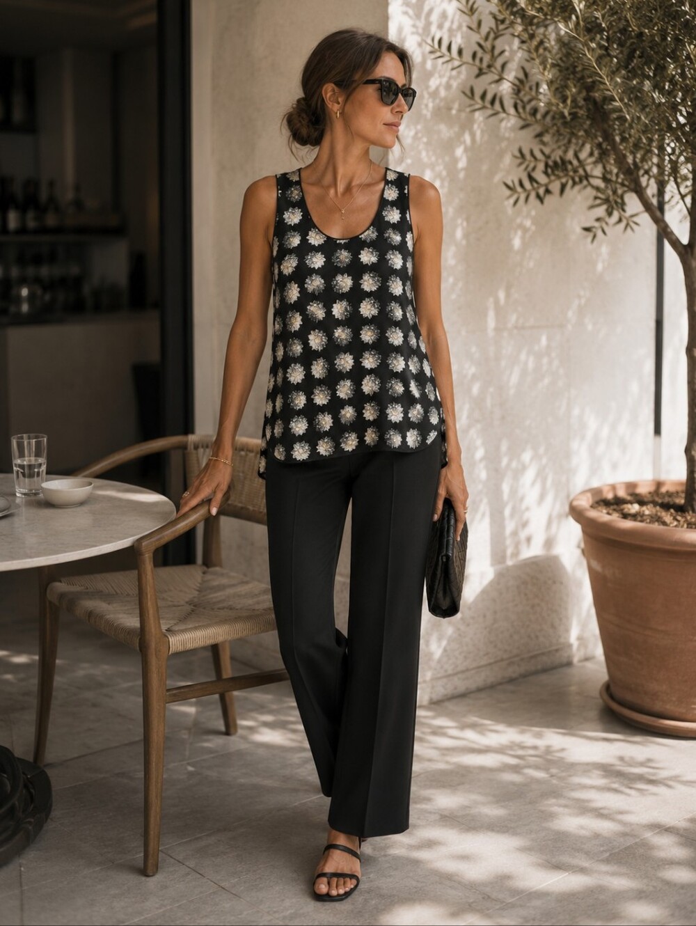 Max Mara Women’s Top Peony Print Jago MEDIUM SILK Feat Viscose Tank Black White